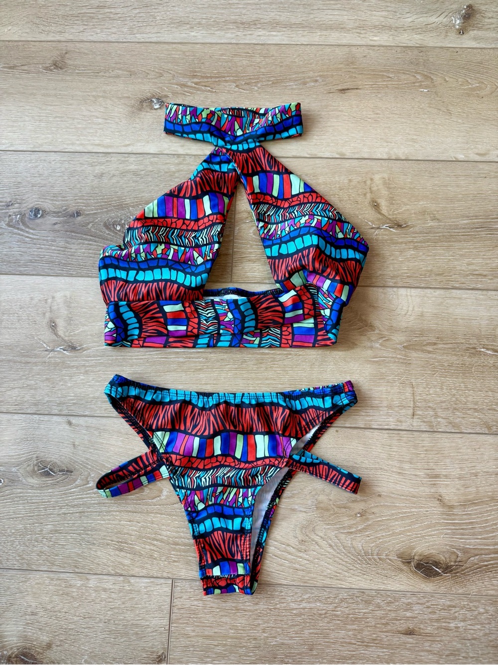 Fashion Nova Multicolor Striped & Zebra Print Halter Bikini